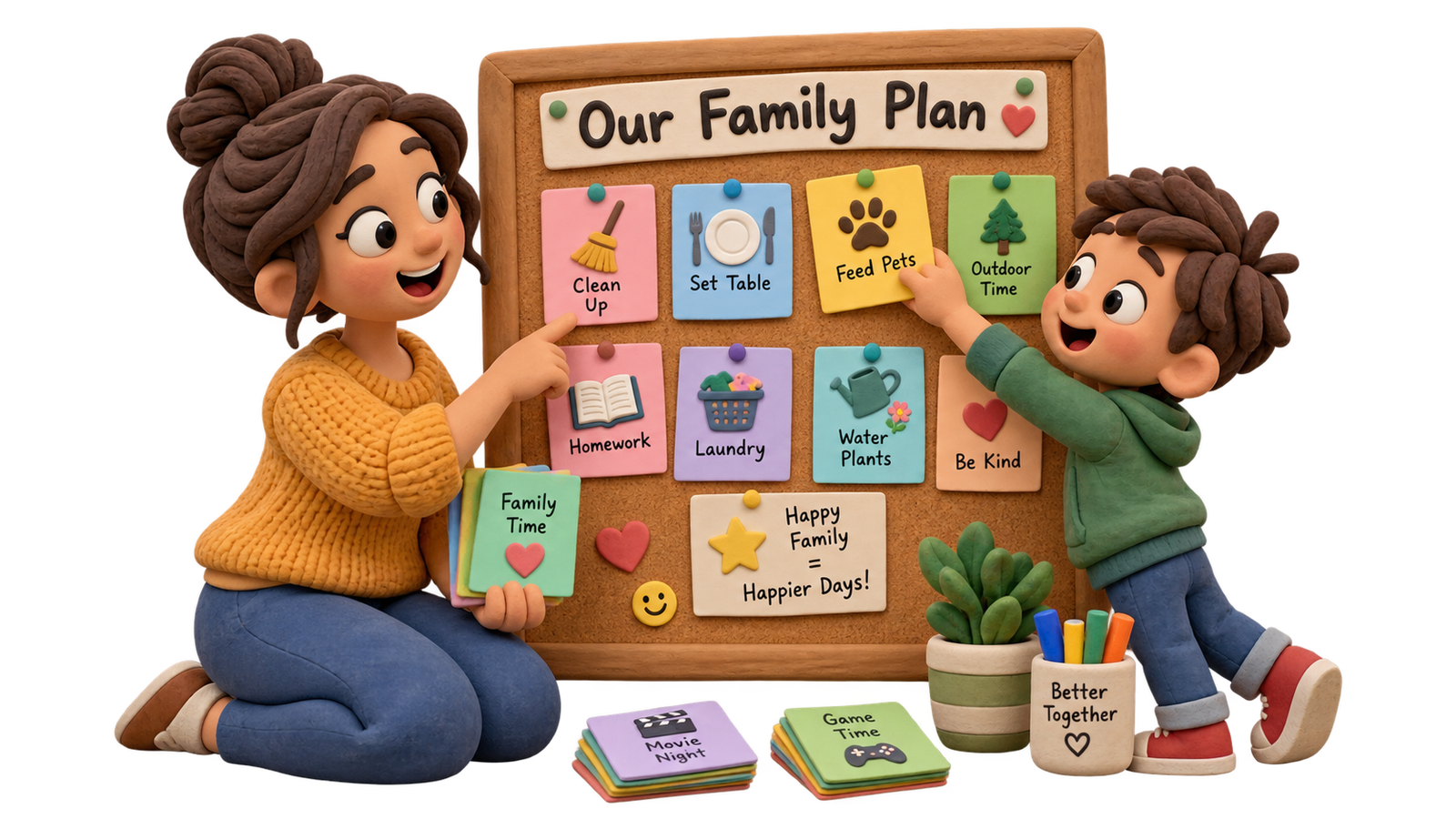 A parent and child arranging task cards on a bright kitchen noticeboard