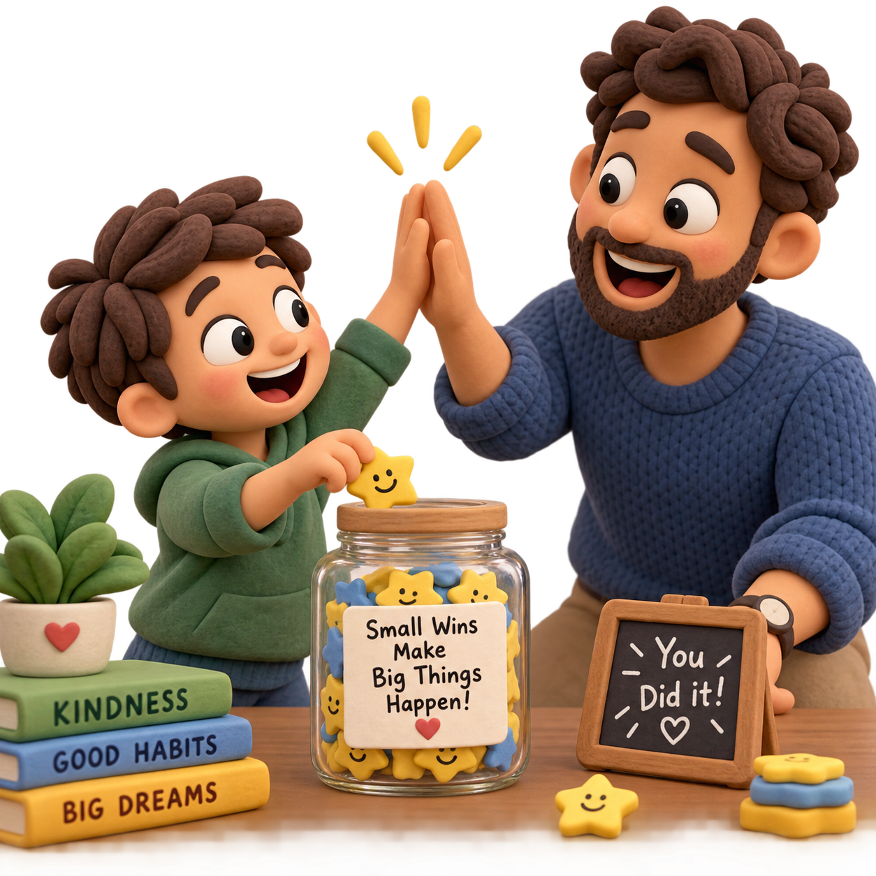 A child adding a completed-task token to a jar and sharing a high-five with a parent