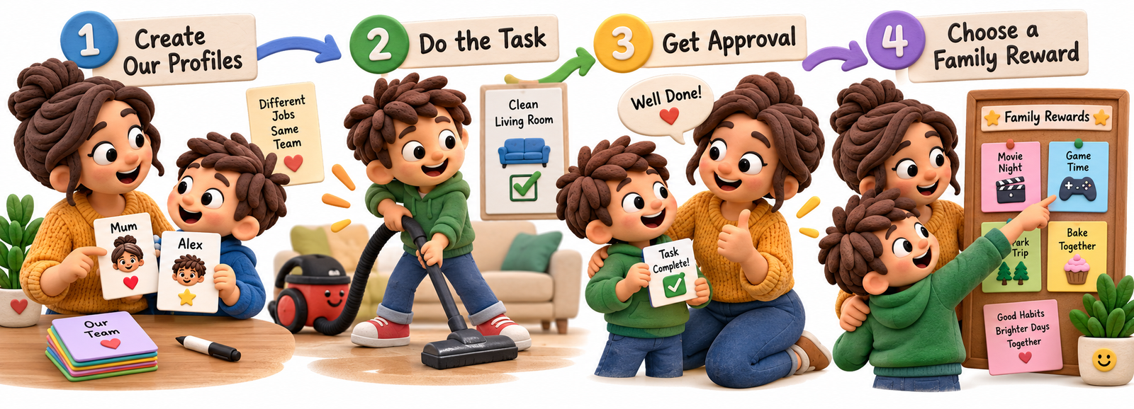 Four connected moments: creating profiles, completing a household task, receiving approval, and choosing a family reward